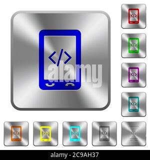 Mobile scripting engraved icons on rounded square glossy steel buttons Stock Vector