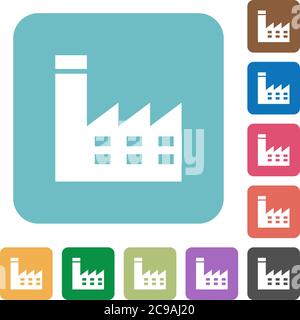 Factory building white flat icons on color rounded square backgrounds Stock Vector