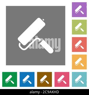 Paint roller flat icons on simple color square backgrounds Stock Vector