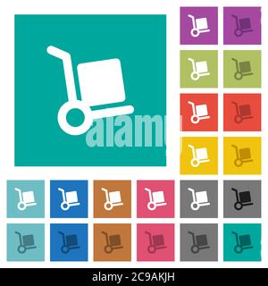 Hand truck multi colored flat icons on plain square backgrounds. Included white and darker icon variations for hover or active effects. Stock Vector