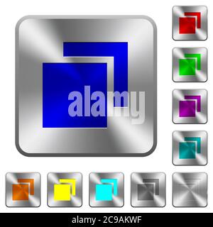 Overlapping elements engraved icons on rounded square glossy steel buttons Stock Vector