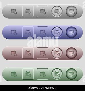 Calendar check icons on rounded horizontal menu bars in different colors and button styles Stock Vector