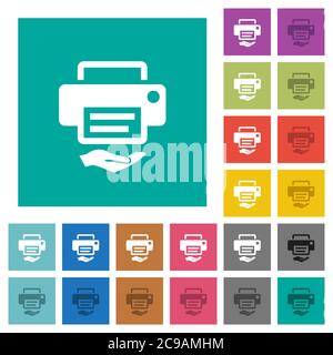 Shared printer multi colored flat icons on plain square backgrounds. Included white and darker icon variations for hover or active effects. Stock Vector