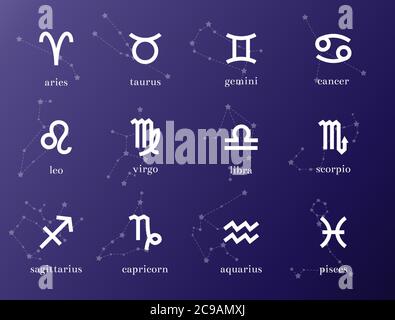 Zodiac constellations signs and stars. A pack of aries, taurus, gemini, cancer, leo, virgo, libra, scorpio, sagittarius, capricorn, aquarius, pisces. Stock Vector