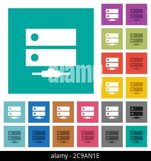Network drive multi colored flat icons on plain square backgrounds. Included white and darker icon variations for hover or active effects. Stock Vector