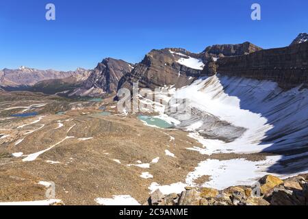 Valley of The Lakes Aerial Scenic Landscape View. Rugged Mountain Peaks and Melting Glaciers, Hiking Jasper National Park, Alberta Canada Stock Photo