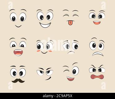Set of funny faces. Cartoon faces with different expressions, featuring the eyes and mouth, design elements. Vector illustrations Stock Vector