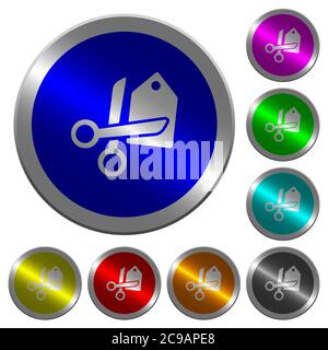 Price cut icons on round luminous coin-like color steel buttons Stock Vector