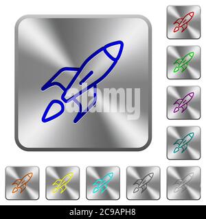 Launched rocket engraved icons on rounded square glossy steel buttons Stock Vector