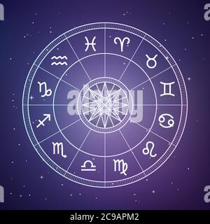 Zodiac circle. Astrology and horoscopes concept. Vector zodiac wheel with zodiac signs on a space background. Stock Vector