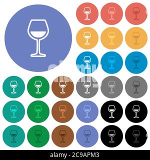 Glass of wine multi colored flat icons on round backgrounds. Included white, light and dark icon variations for hover and active status effects, and b Stock Vector