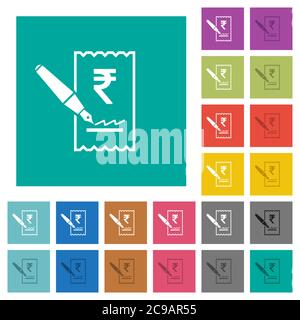 Signing Rupee cheque multi colored flat icons on plain square backgrounds. Included white and darker icon variations for hover or active effects. Stock Vector