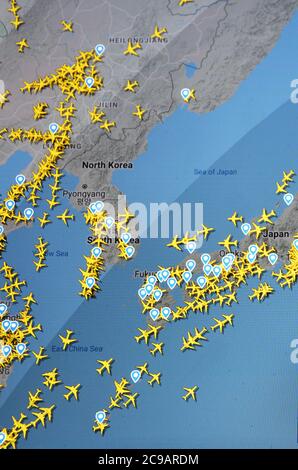 air traffic over Korea, Japan and China, (29 july 2020, UTC 14.10) on Internet with Flightradar 24 site, during the Coronavirus Pandemic Stock Photo