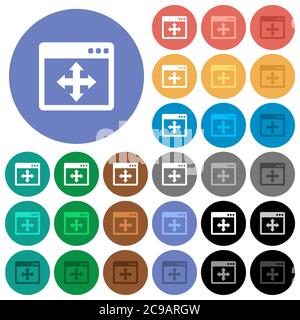 Move window multi colored flat icons on round backgrounds. Included white, light and dark icon variations for hover and active status effects, and bon Stock Vector