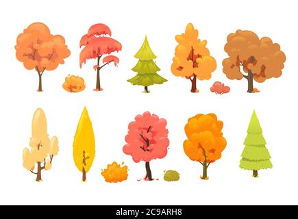 Colorful autumn trees. Collection of autumn trees isolated on white background. Cartoon yellow orange fall tree and autumnal garden bush. Vector set Stock Vector
