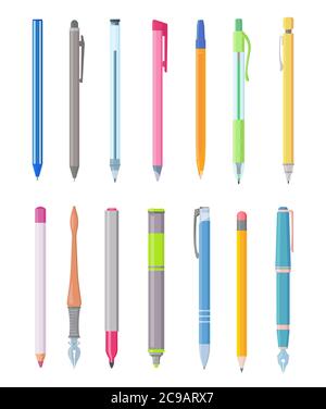 Cartoon pen and pencils. Set of simple drawing items isolated on white. Stock Vector