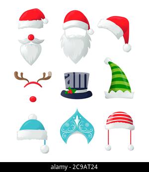 Vector set of christmas hats, antlers, mustaches. Christmas photo booth Santa, deer, snow maiden. Stock Vector