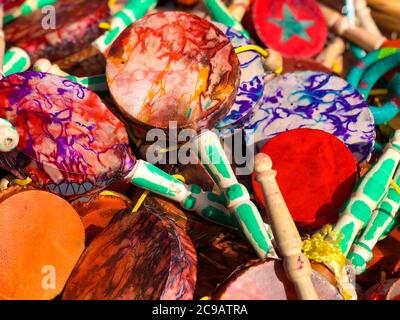 Handmade souvenir instruments in market,travel to Morocco. Stock Photo