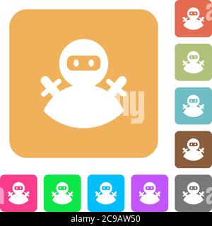 Ninja avatar flat icons on rounded square vivid color backgrounds. Stock Vector