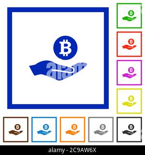Bitcoin earnings flat color icons in square frames on white background Stock Vector
