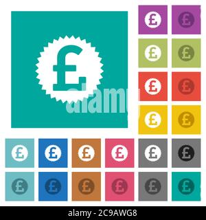 Pound sticker multi colored flat icons on plain square backgrounds. Included white and darker icon variations for hover or active effects. Stock Vector