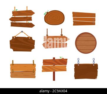 Cartoon wooden signage. Old west wood board. Wooden signboard or plank for banner message. Signs for messages or pointers with arrow for pathfinding. Stock Vector