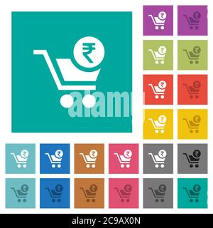 Checkout with Rupee cart multi colored flat icons on plain square backgrounds. Included white and darker icon variations for hover or active effects. Stock Vector