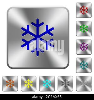 Single snowflake engraved icons on rounded square glossy steel buttons Stock Vector