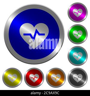 Heartbeat icons on round luminous coin-like color steel buttons Stock Vector