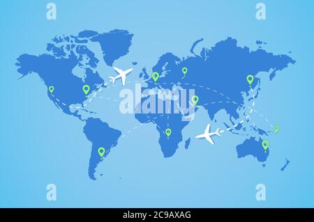 World map with plane. Aircraft planes fly air transportation track Vector illustration. Stock Vector