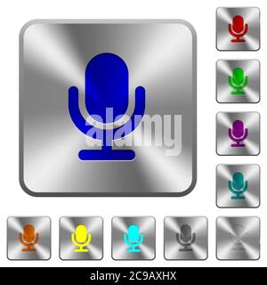 Single microphone engraved icons on rounded square glossy steel buttons Stock Vector