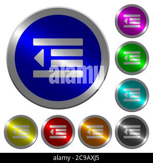 Decrease text indentation icons on round luminous coin-like color steel buttons Stock Vector