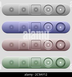 Brightness control icons on rounded horizontal menu bars in different colors and button styles Stock Vector