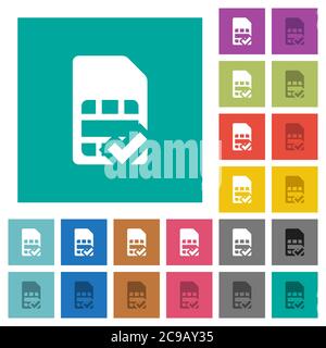 SIM card accepted multi colored flat icons on plain square backgrounds. Included white and darker icon variations for hover or active effects. Stock Vector