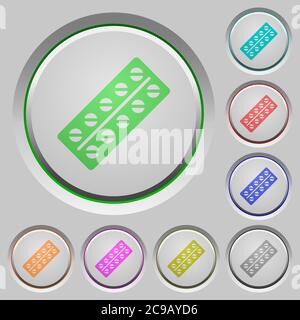 Batch of pills in blister pack color icons on sunk push buttons Stock Vector