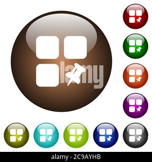 Pin component white icons on round color glass buttons Stock Vector