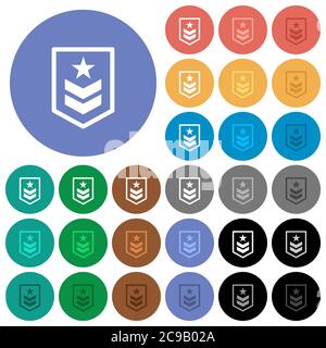 Military rank multi colored flat icons on round backgrounds. Included white, light and dark icon variations for hover and active status effects, and b Stock Vector