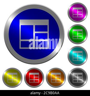 Spreadsheet vertically merge table cells icons on round luminous coin-like color steel buttons Stock Vector