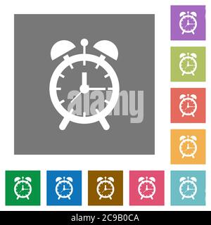 Alarm clock flat icons on simple color square backgrounds Stock Vector