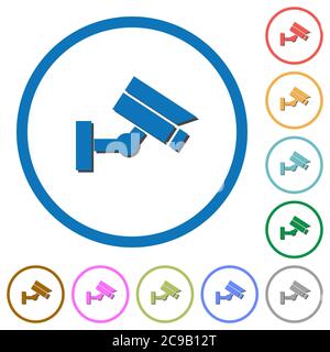 Security camera flat color vector icons with shadows in round outlines on white background Stock Vector