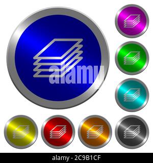 Printing papers icons on round luminous coin-like color steel buttons Stock Vector