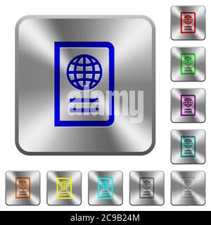 Passport engraved icons on rounded square glossy steel buttons Stock Vector