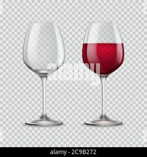 Wine glass. Two glasses empty and with red wine isolated on transparent background. Vector illustration Stock Vector