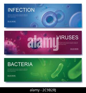 Microbiology banners. Viruses, bacteria and infection 3d backgrounds. Realistic vector cells of harmful microorganisms and pathogens, infectiology Stock Vector