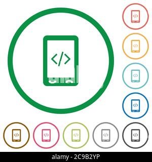 Mobile scripting flat color icons in round outlines on white background Stock Vector