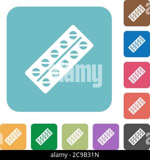 Batch of pills in blister pack white flat icons on color rounded square backgrounds Stock Vector