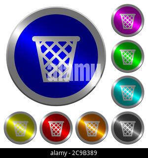 Trash icons on round luminous coin-like color steel buttons Stock Vector