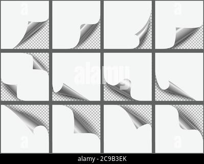 Curled corners set. Page curl with shadow on blank sheet of paper. Silver metallic paper sticker for your design and business. Stock Vector