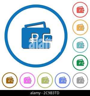 Ruble wallet flat color vector icons with shadows in round outlines on white background Stock Vector