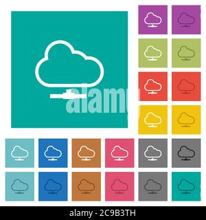 Cloud network multi colored flat icons on plain square backgrounds. Included white and darker icon variations for hover or active effects. Stock Vector